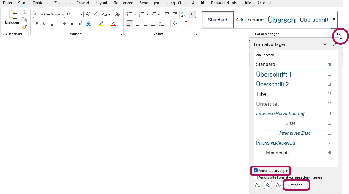 Screenshot für Word-Formatvorlagen mit empfohlenen Einstellungen