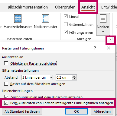 PowerPoint - Aktivierung der intelligenten Führungslinien - Screenshot