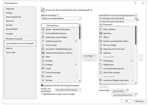 Fenster zum Anpassen der Symbolleiste für den Schnellzugriff